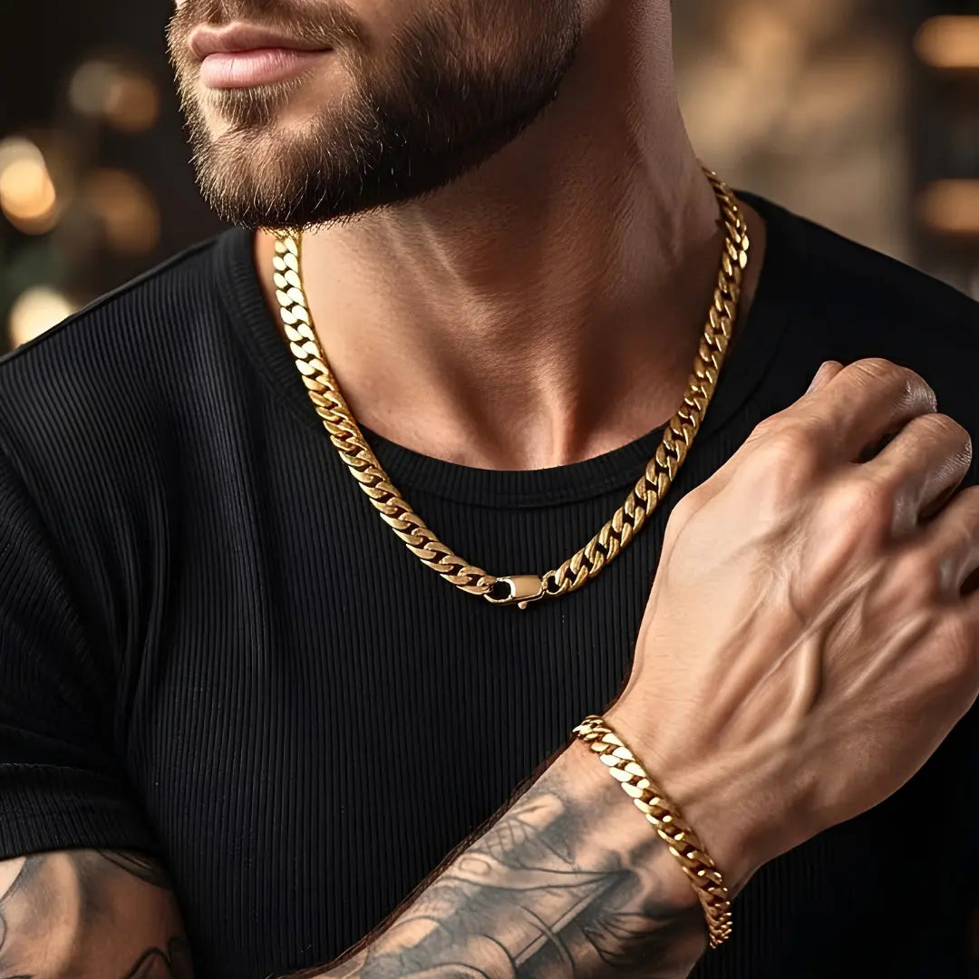 18K Gold Filled Unisex Curb Chain & Bracelet Set – Tarnish-Proof Miami Cuban Link Jewelry Set